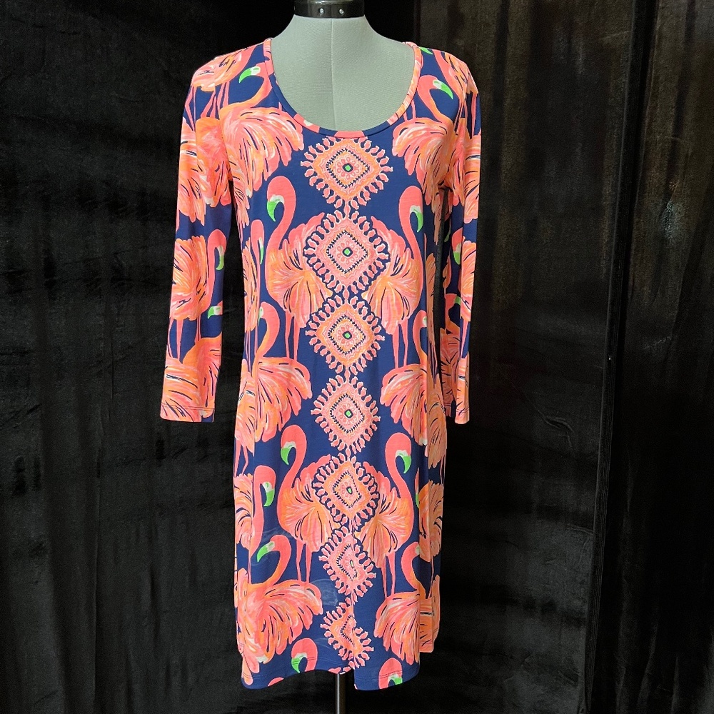 Lilly Pulitzer Beacon Navy & Pink Flamingo 100% Pima Cotton Shift Dress, size S